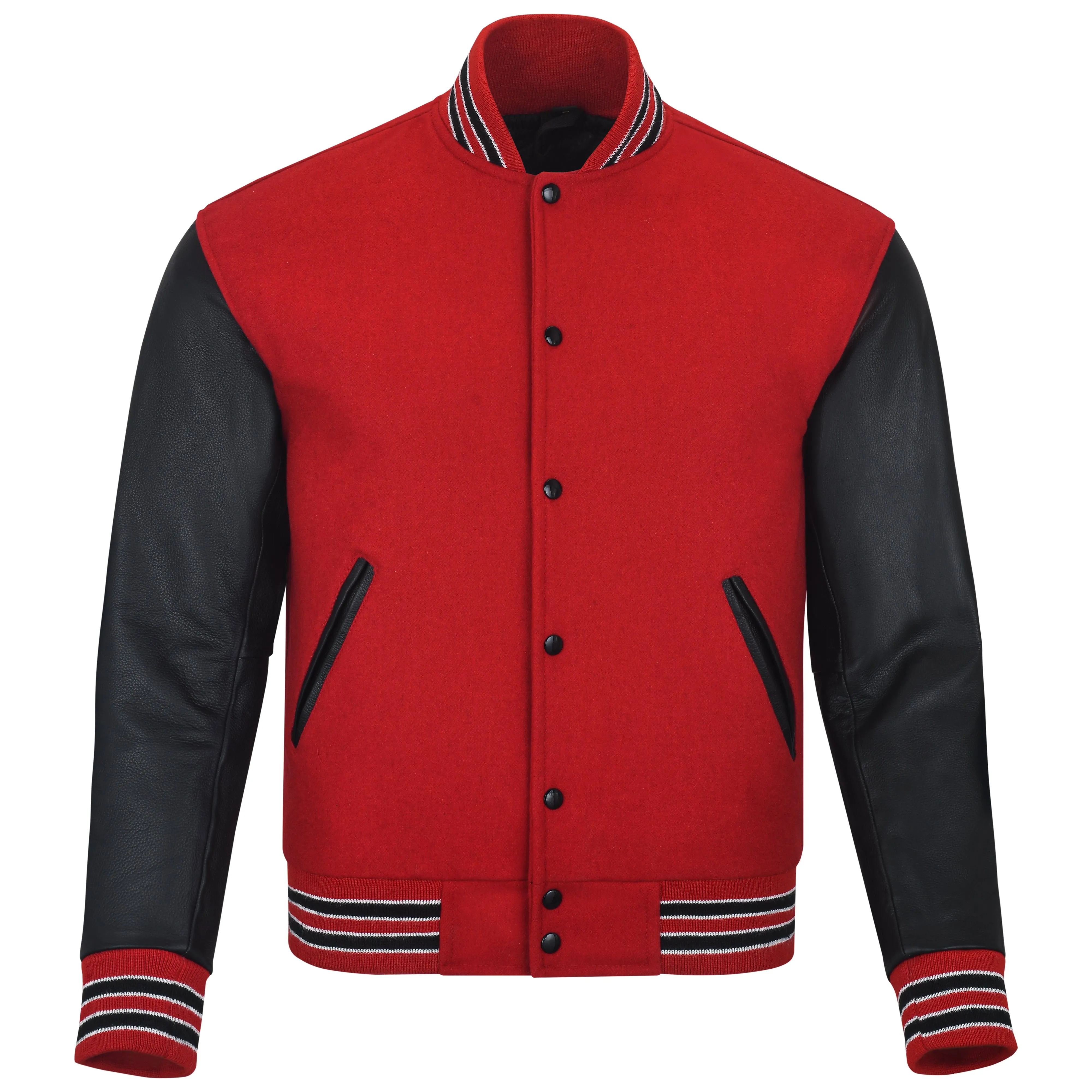 Biker Gear Pro Classic Hybrid Varsity Jacket University Letterman Bomber Jacket-Pure Wool & Original Cowhide Leather Jacket, Red