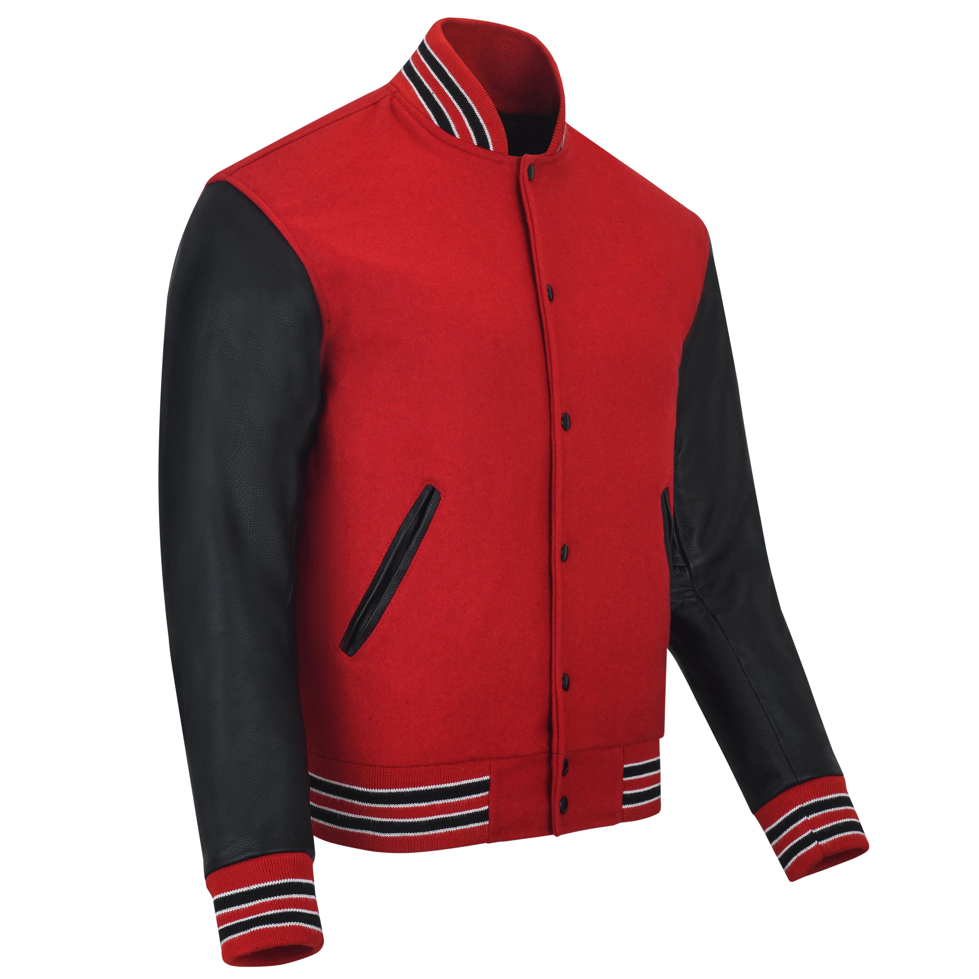 Biker Gear Pro Classic Hybrid Varsity Jacket University Letterman Bomber Jacket-Pure Wool & Original Cowhide Leather Jacket, Red