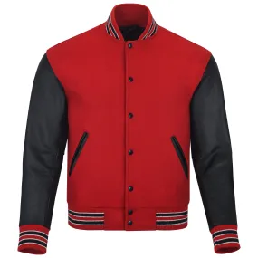 Biker Gear Pro Classic Hybrid Varsity Jacket University Letterman Bomber Jacket-Pure Wool & Original Cowhide Leather Jacket, Red