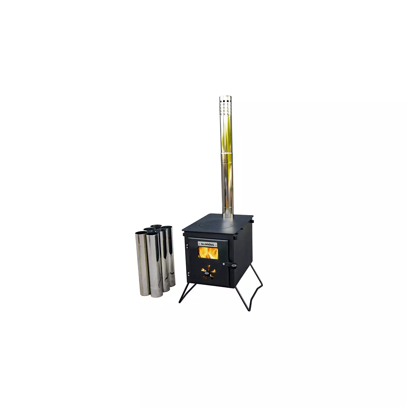 Black 'Glow' Stove: Portable Woodburner with Carry Bag, Racks, Flue Pieces, Spark Arrestor