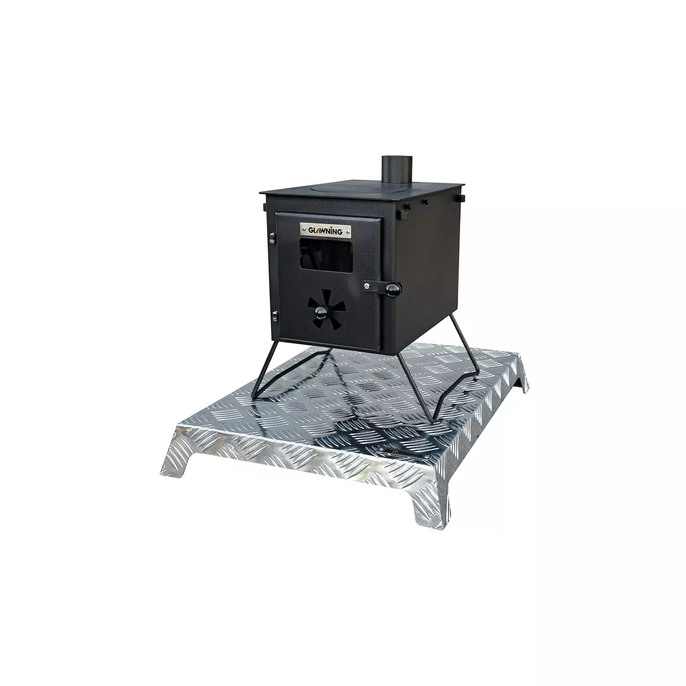 Black 'Glow' Stove: Portable Woodburner with Carry Bag, Racks, Flue Pieces, Spark Arrestor