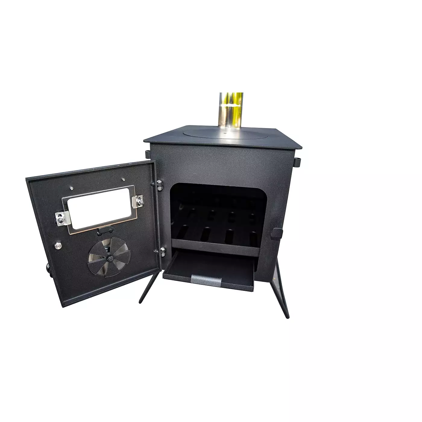 Black 'Glow' Stove: Portable Woodburner with Carry Bag, Racks, Flue Pieces, Spark Arrestor