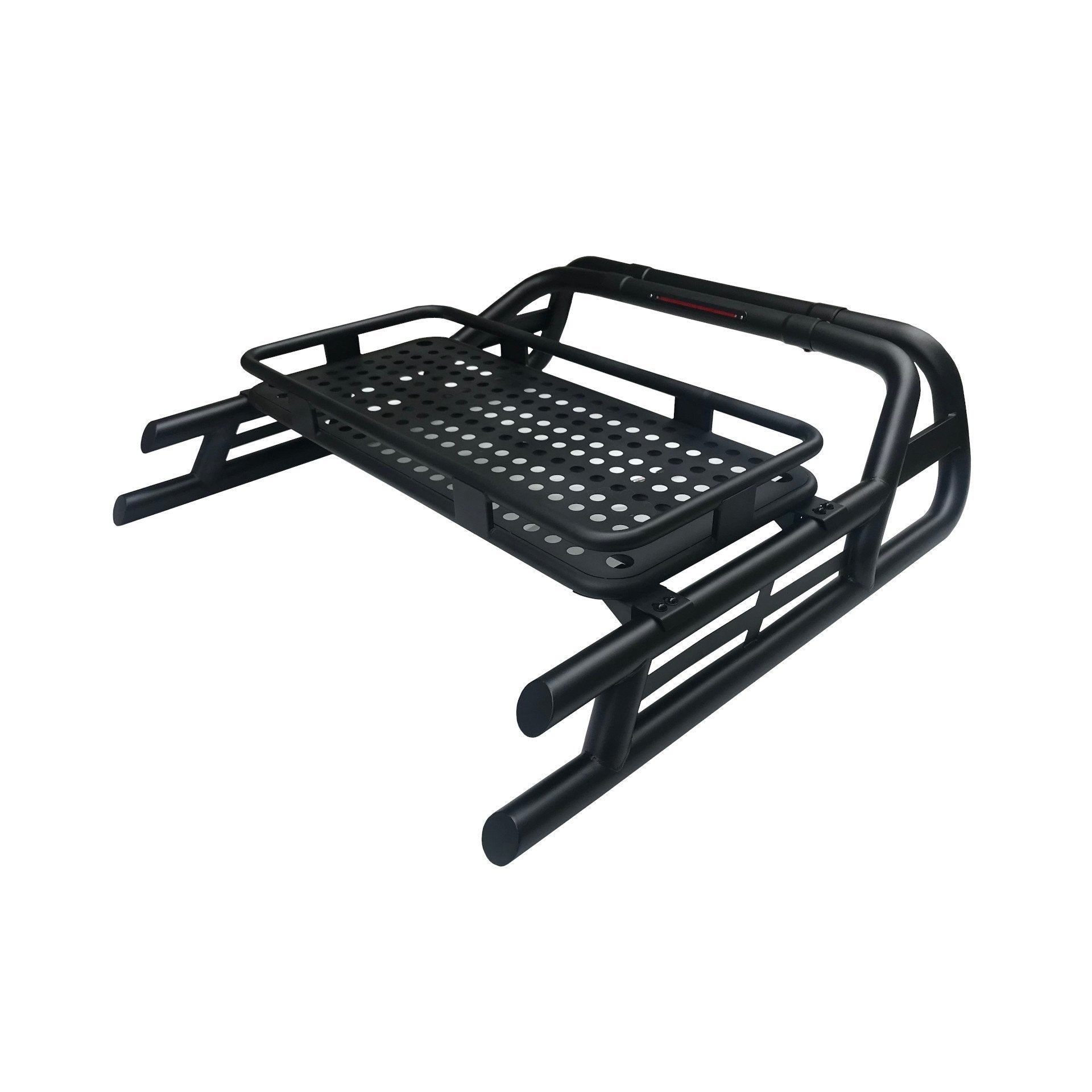 Black Long Arm Roll Bar with Cargo Basket Compatible with the Renault Alaskan