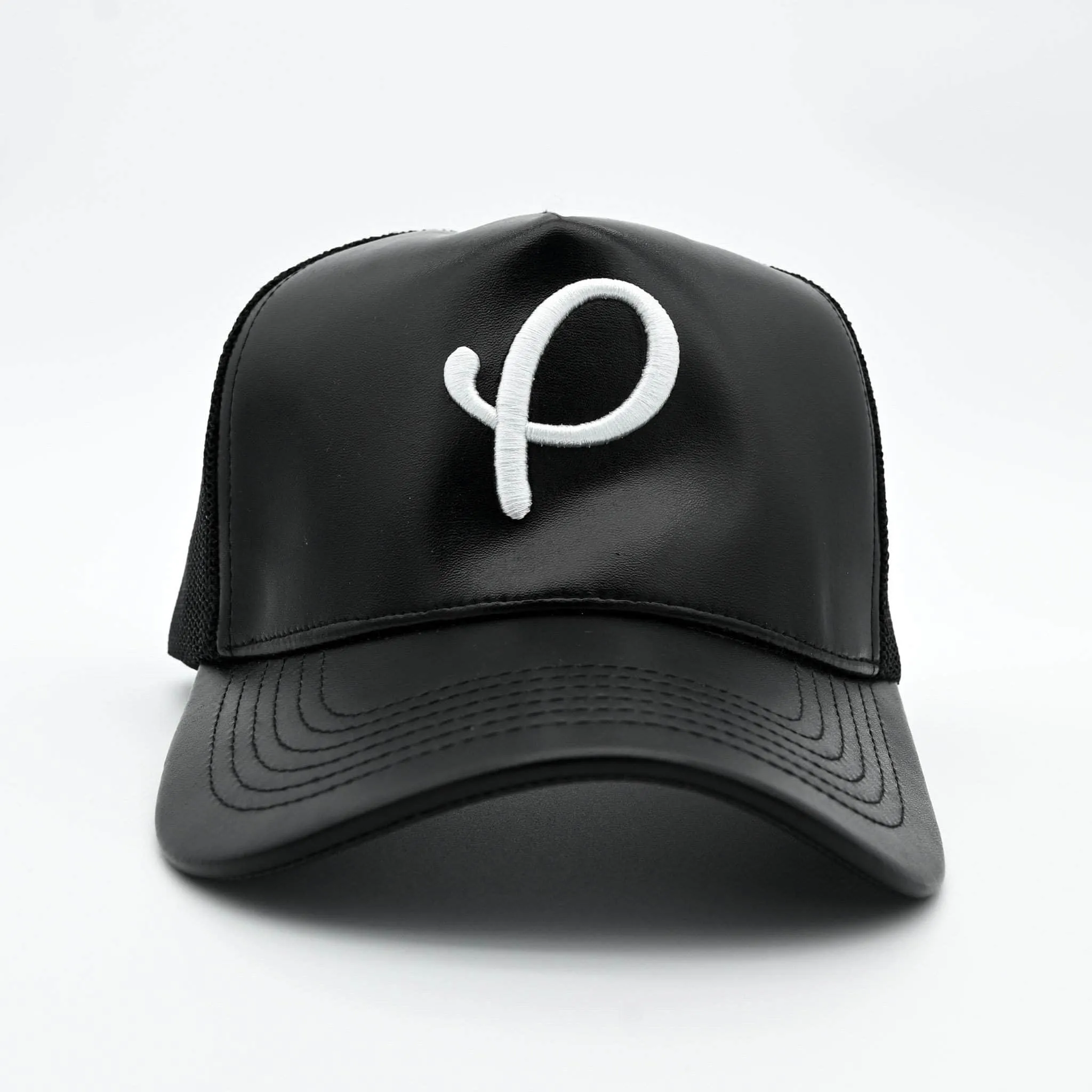 Black P Logo Leather Trucker Hat