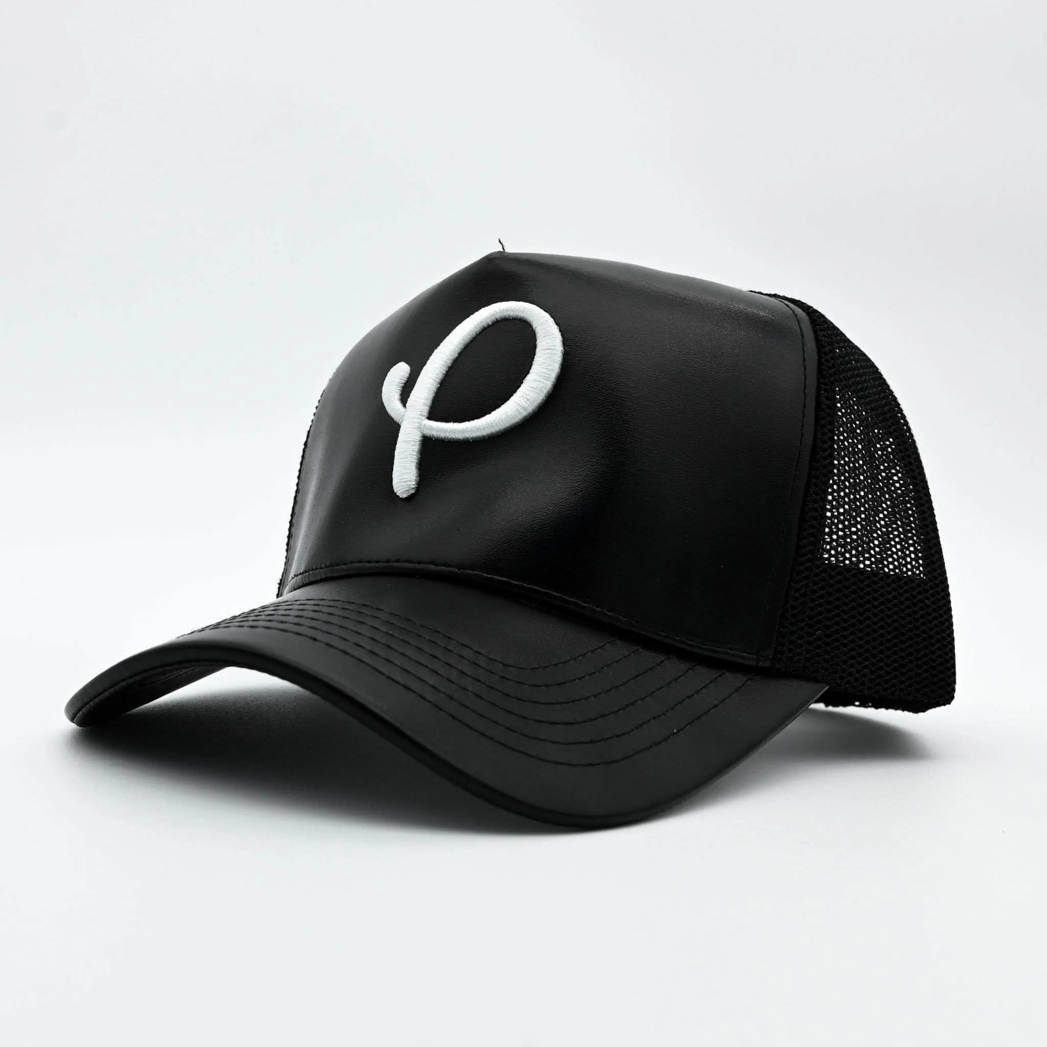 Black P Logo Leather Trucker Hat