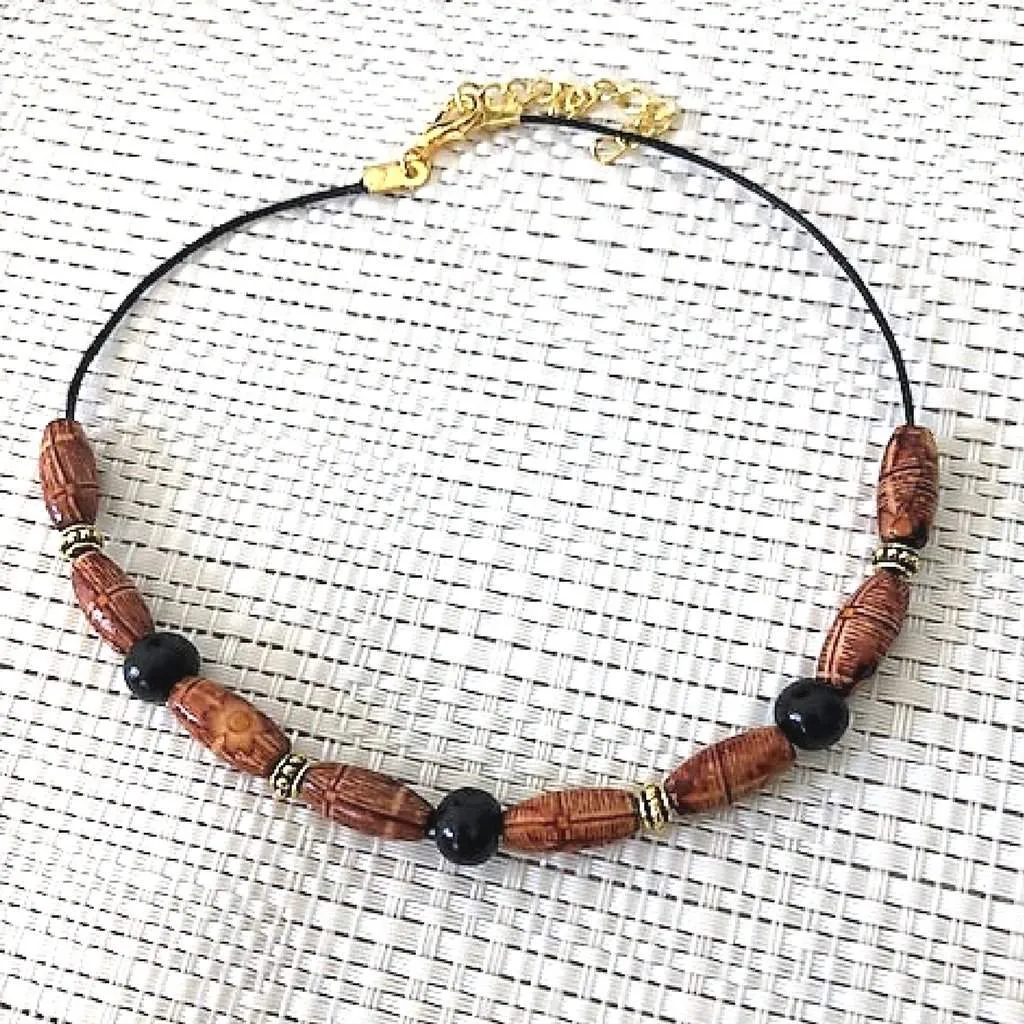 Brown and Black Wood Beaded Choker