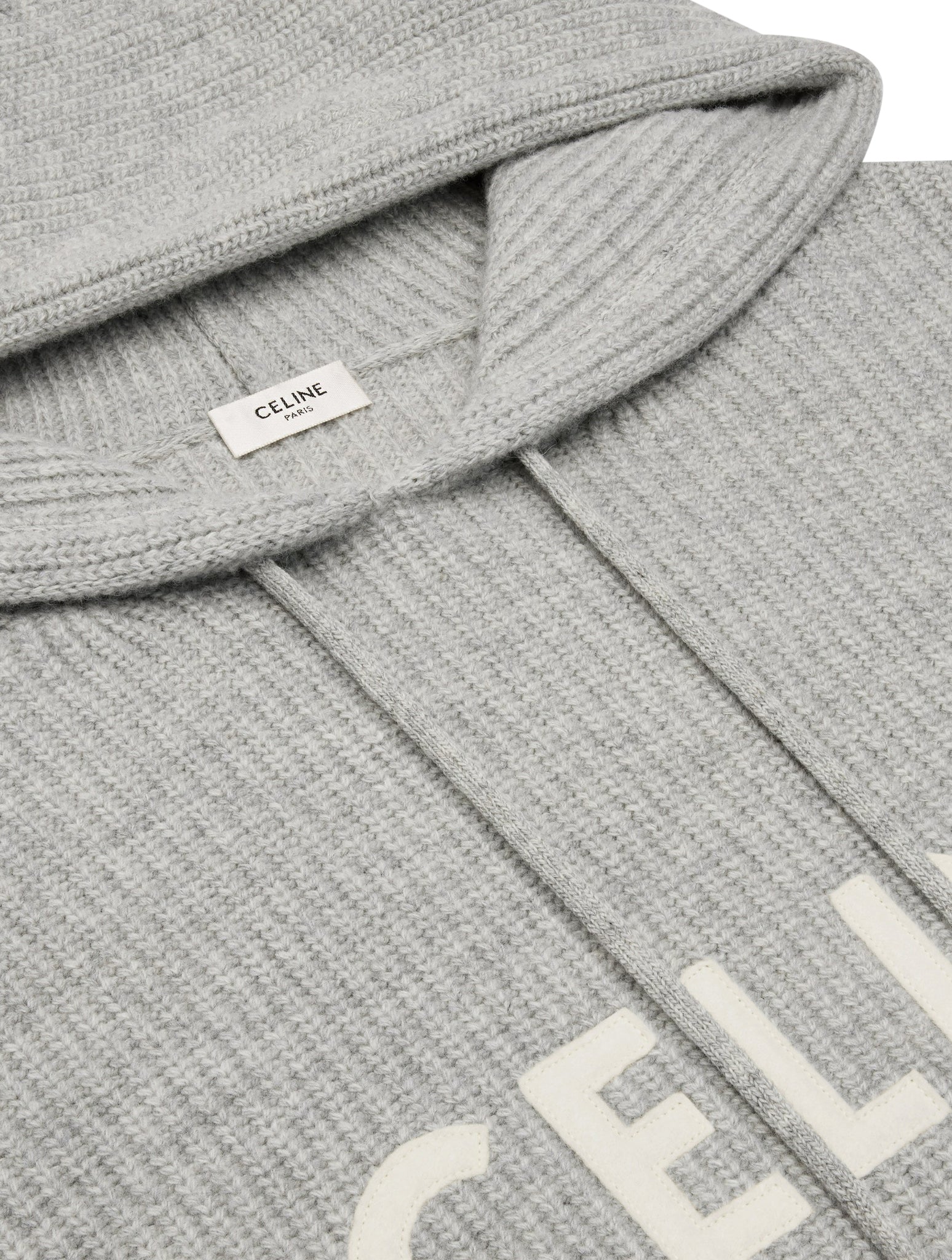 CELINE HOODED SWEATER IN LIGHT GRAY RIBBED WOOL