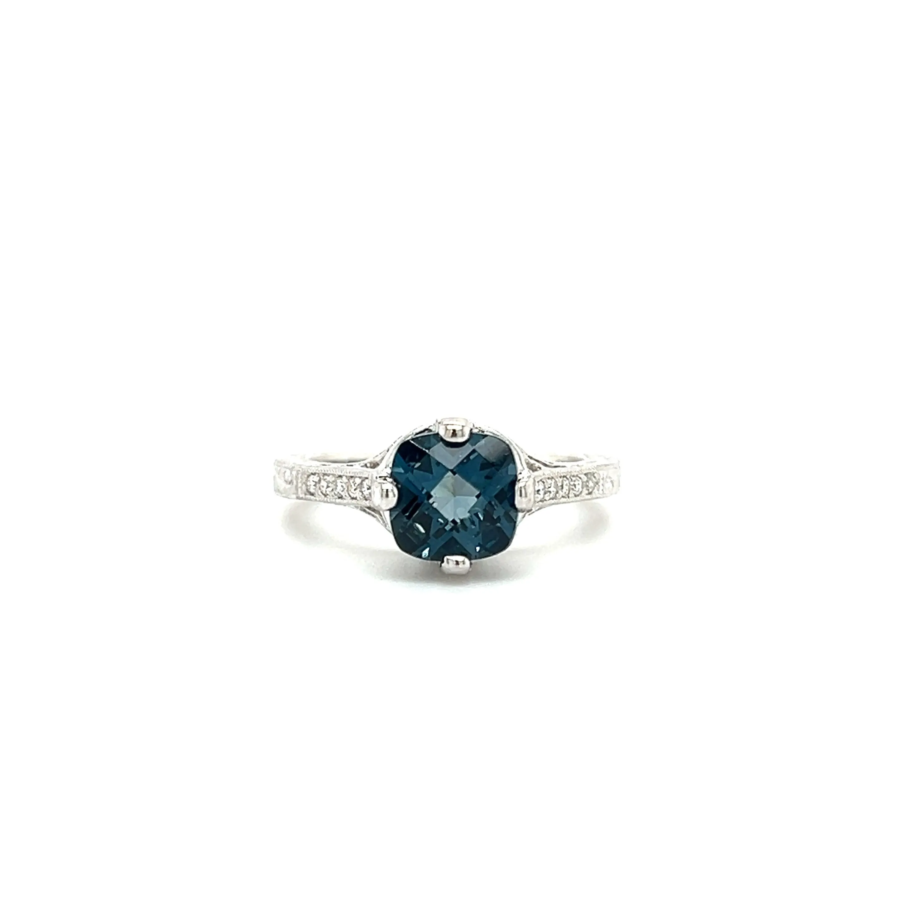 Filigree London Blue Topaz Ring with Side Diamonds in 14K White Gold