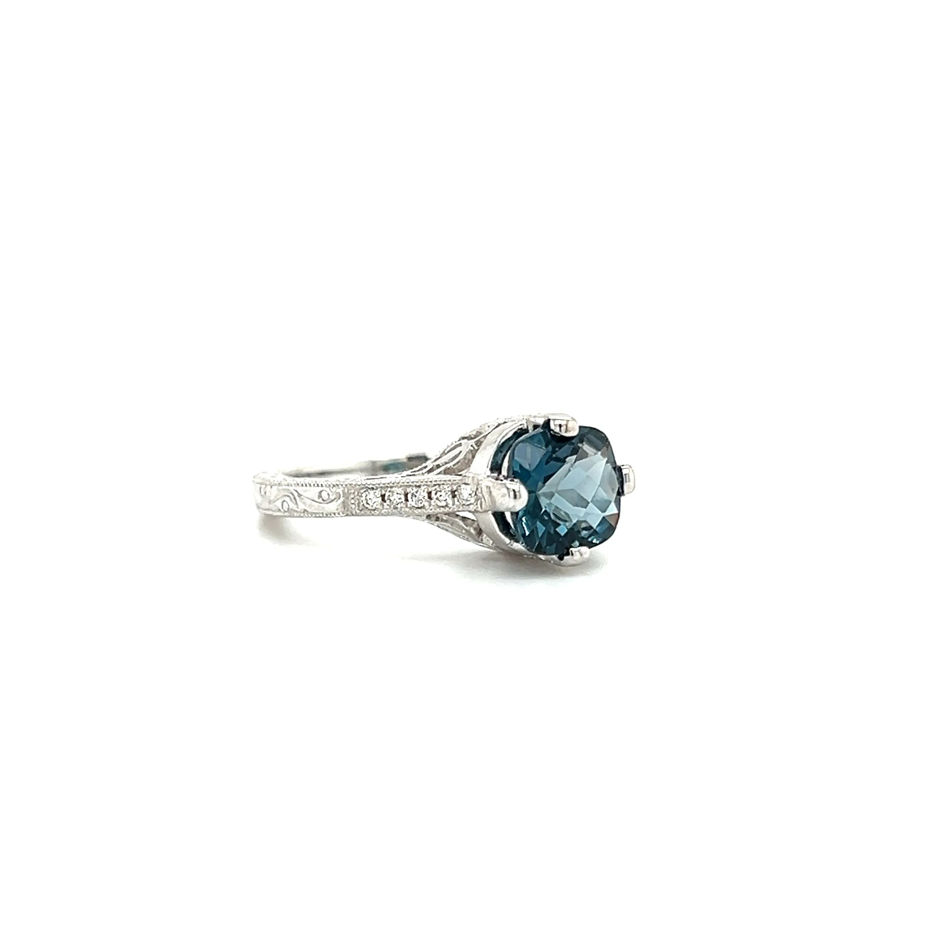 Filigree London Blue Topaz Ring with Side Diamonds in 14K White Gold