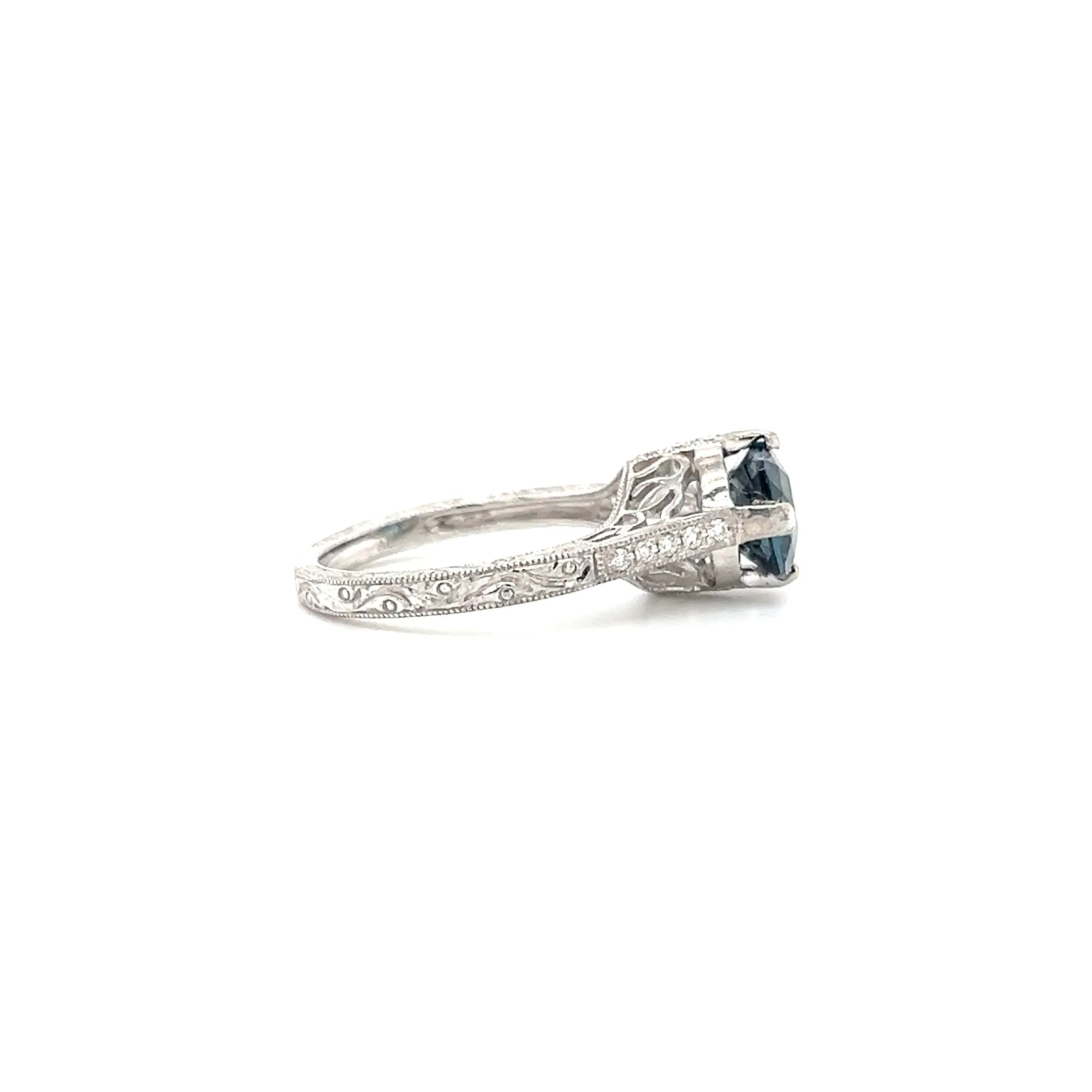 Filigree London Blue Topaz Ring with Side Diamonds in 14K White Gold