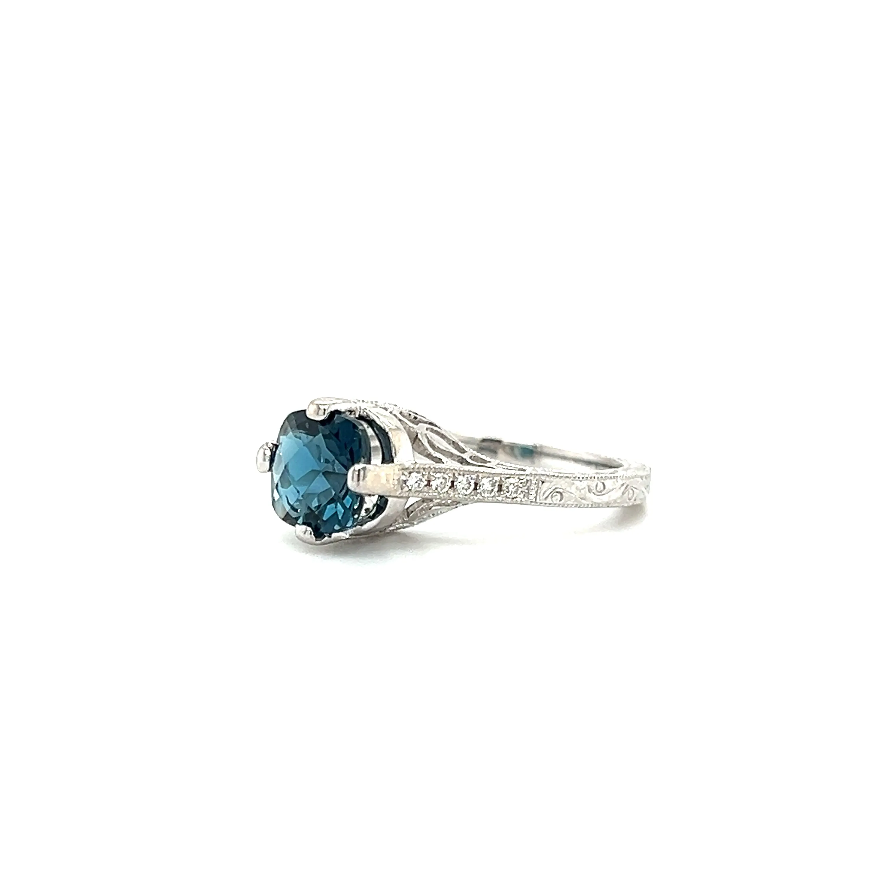 Filigree London Blue Topaz Ring with Side Diamonds in 14K White Gold