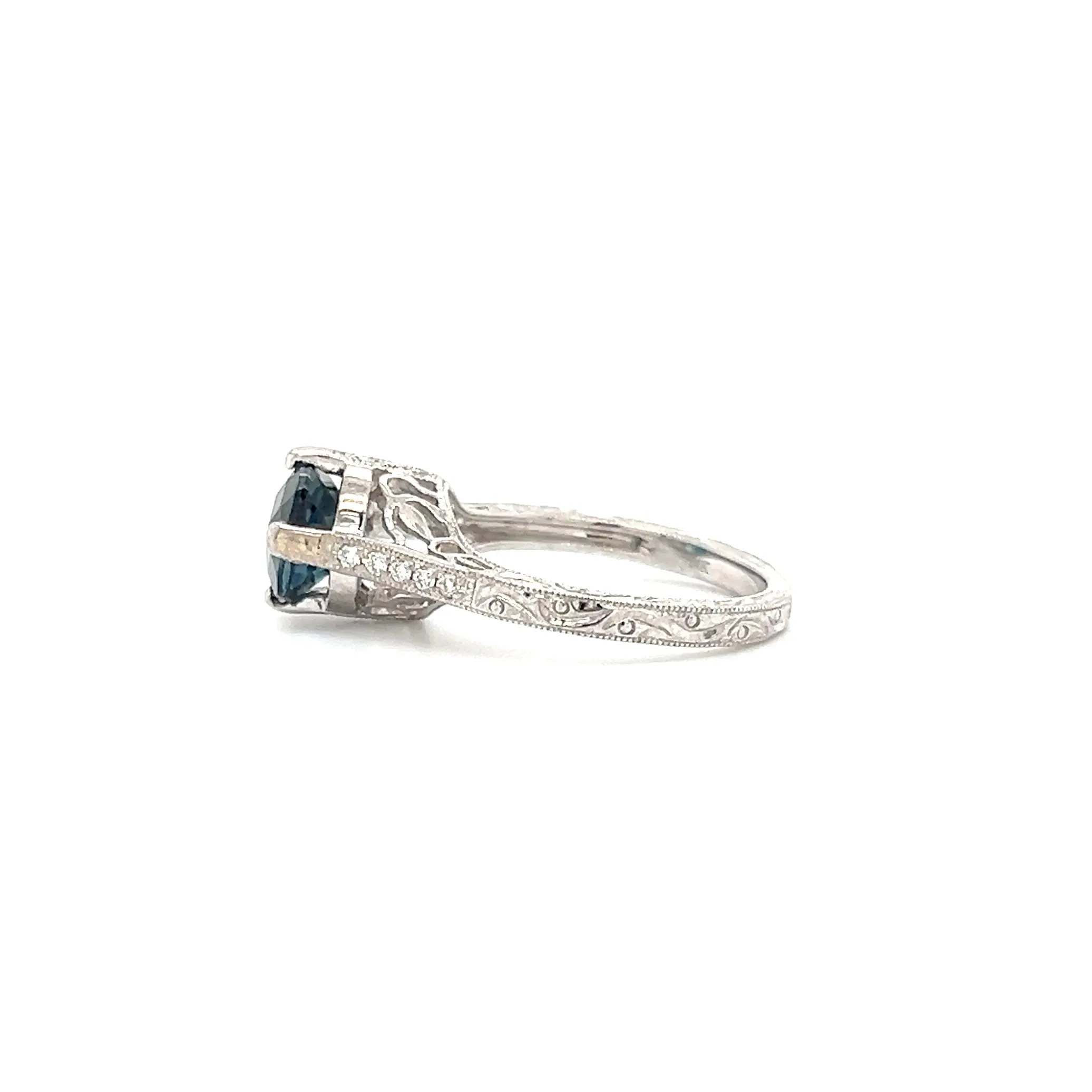 Filigree London Blue Topaz Ring with Side Diamonds in 14K White Gold