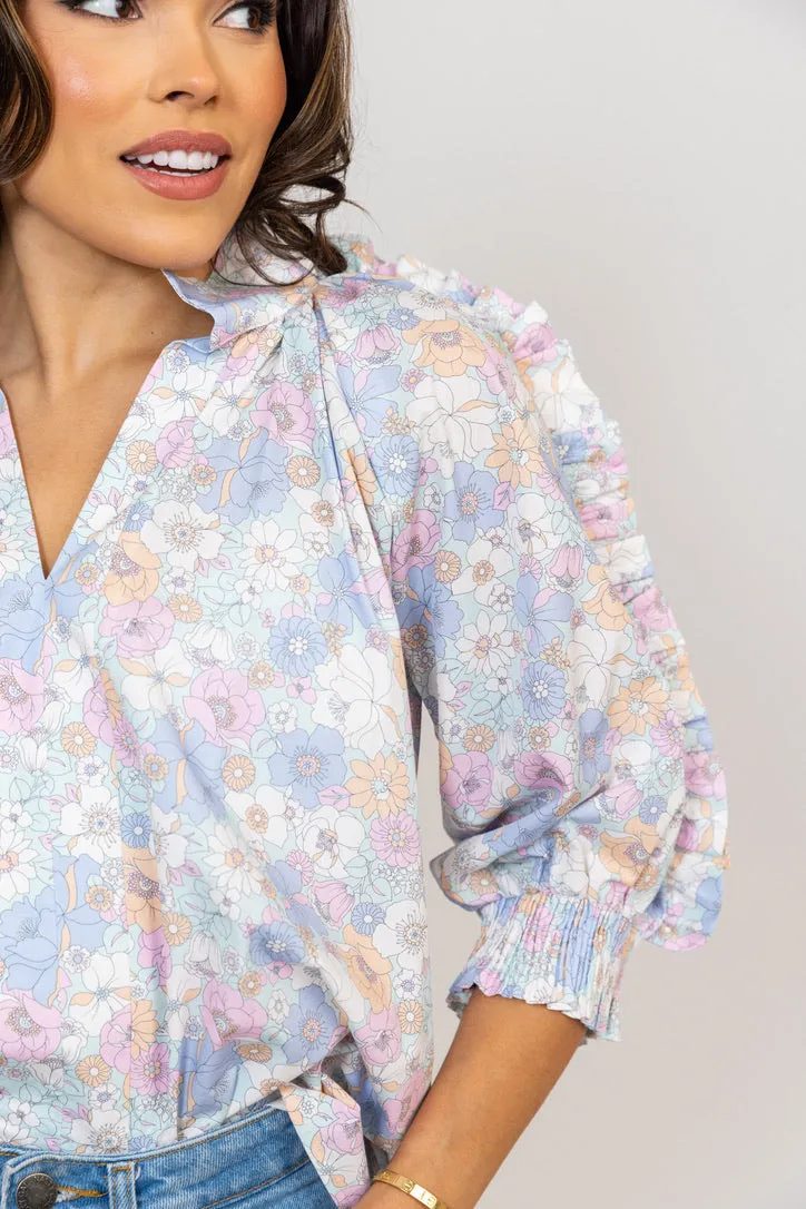 London Floral Poplin Ruffle Sleeve Top