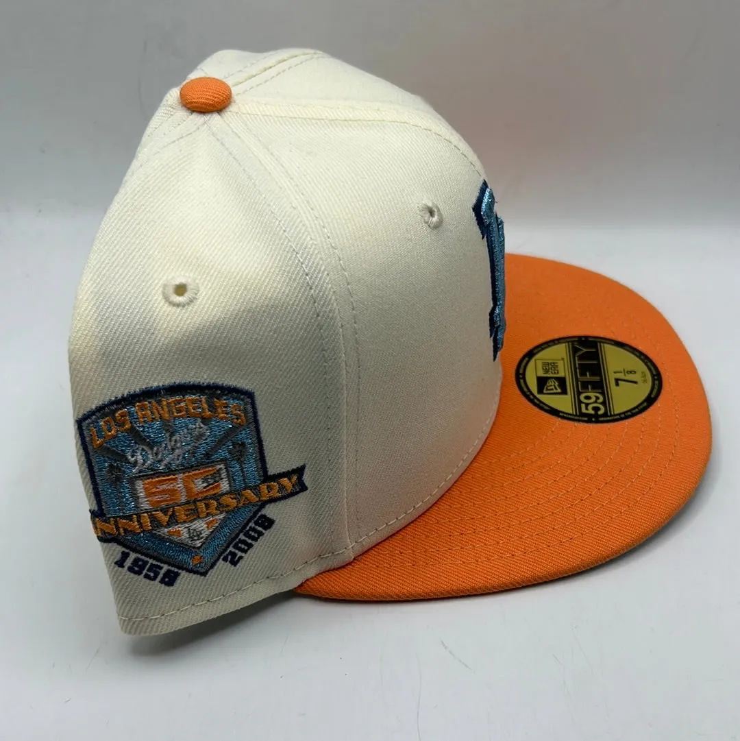 Los Angeles Dodgers MLB New Era 59 Fifty Los Angeles 50th Anniversary 1958-2008 Patch Off White/Orange Fitted Hats