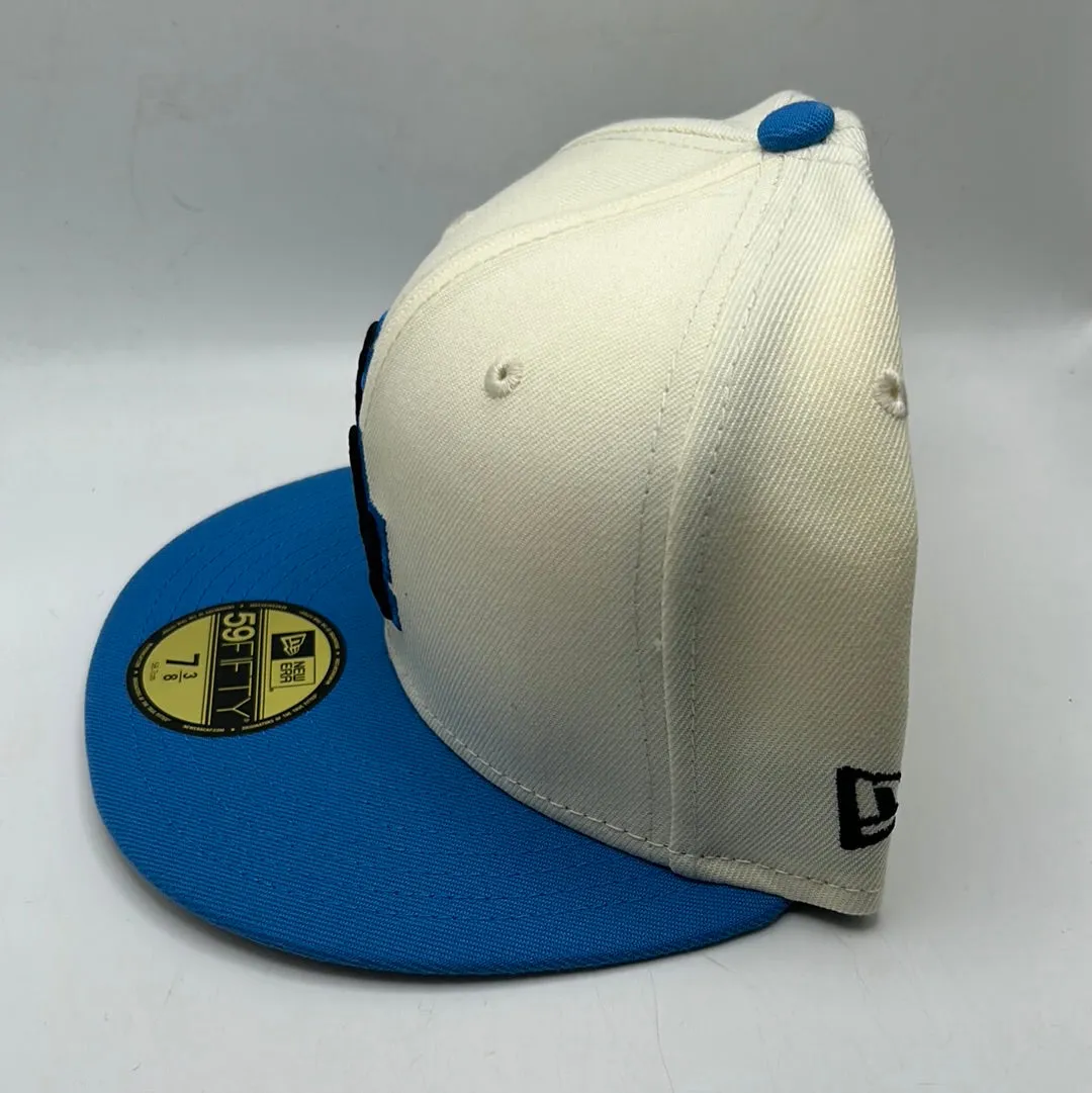 Los Angeles Dodgers MLB New Era 59 Fifty Los Angeles 50th Anniversary 1958-2008 Patch Off White/Sky Blue Fitted Hats