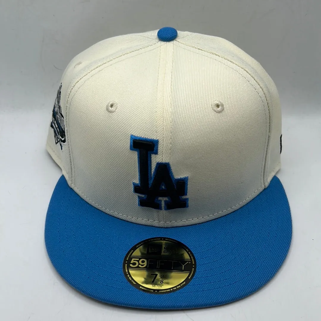 Los Angeles Dodgers MLB New Era 59 Fifty Los Angeles 50th Anniversary 1958-2008 Patch Off White/Sky Blue Fitted Hats