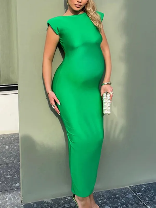 Momnfancy Backless Ruched Cap Sleeve Summer Party Club Fashion Bodycon Baby Shower Maternity Maxi Dress