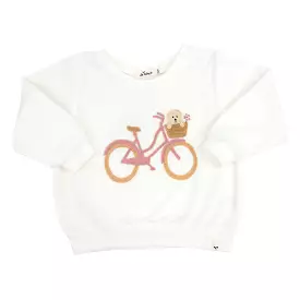 oh baby! Cotton Terry Boxy Sweatshirt - Bicycle Puppy Basket Applique - Snow