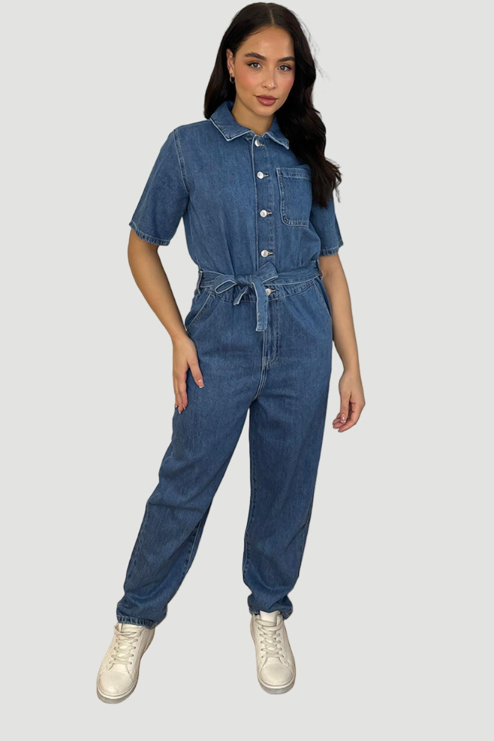 Relaxed Fit Waist Tie Denim Boiler Jumpsuit