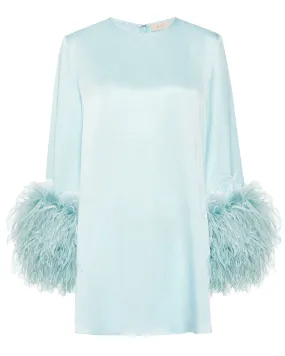 Soft Blue Satin Ostrich Sleeve Shift Dress