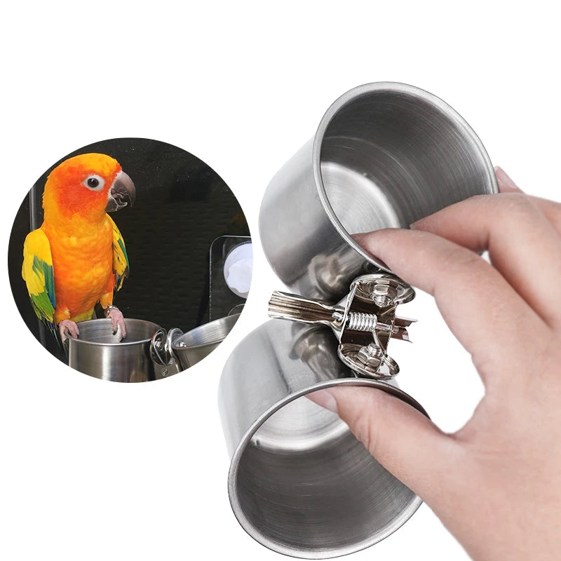 Stainless Steel Cage Stand Double Cups with Clip Bird Parrot Double Food Water Feeding Cups Dispenser Durable Pet Cage Supplies