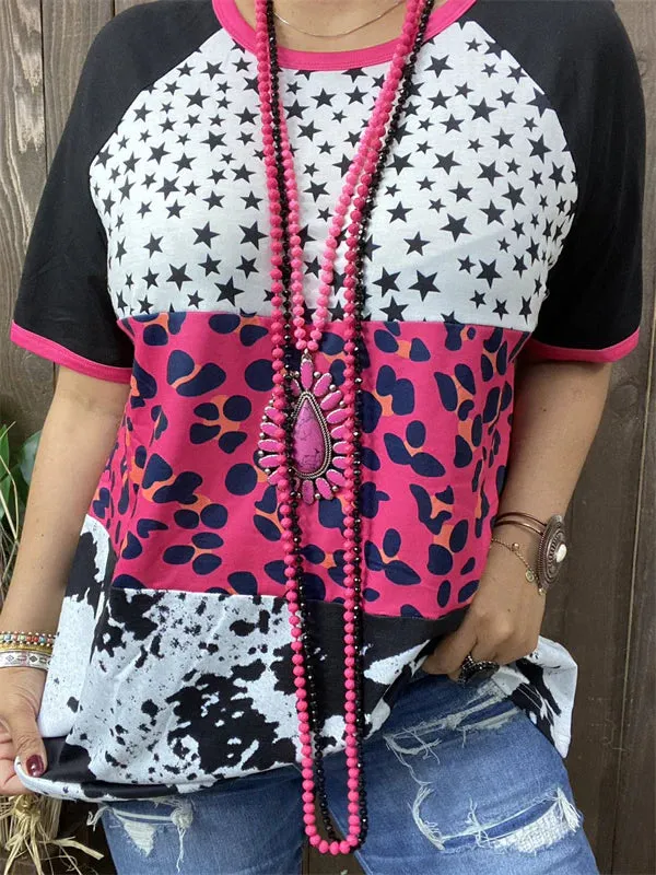 Stars, Pink Leopard, Cow print color block top