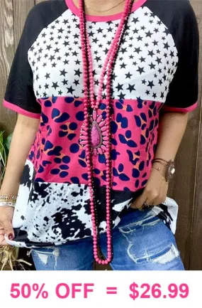 Stars, Pink Leopard, Cow print color block top