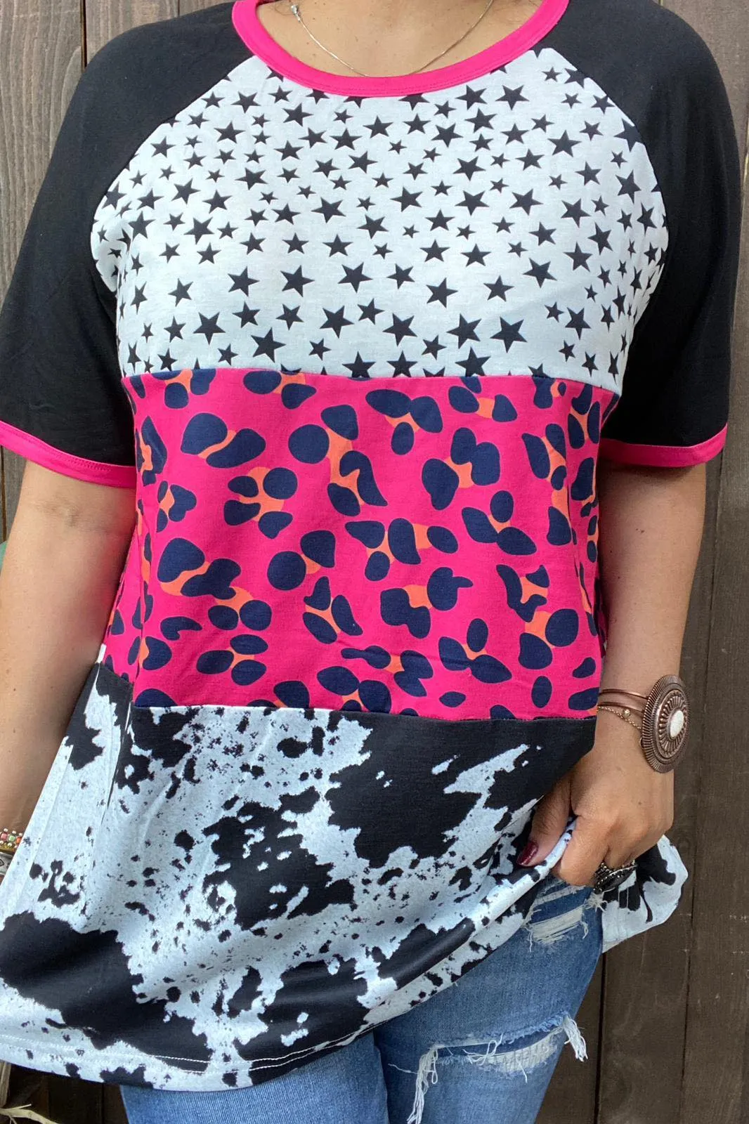 Stars, Pink Leopard, Cow print color block top