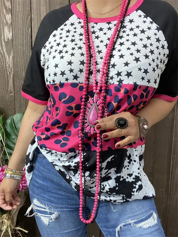 Stars, Pink Leopard, Cow print color block top