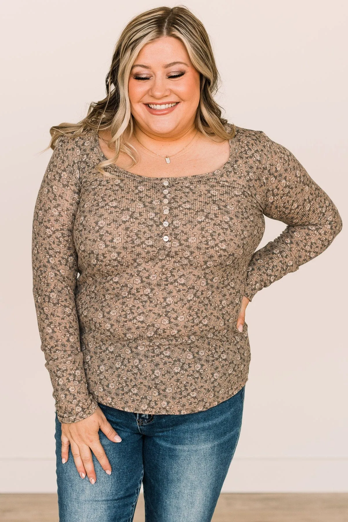 Sweet Beginnings Floral Henley Top- Taupe