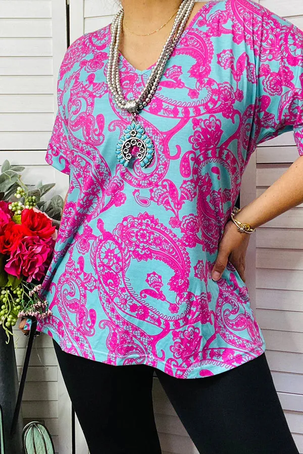 Turquoise and Pink Paisley top