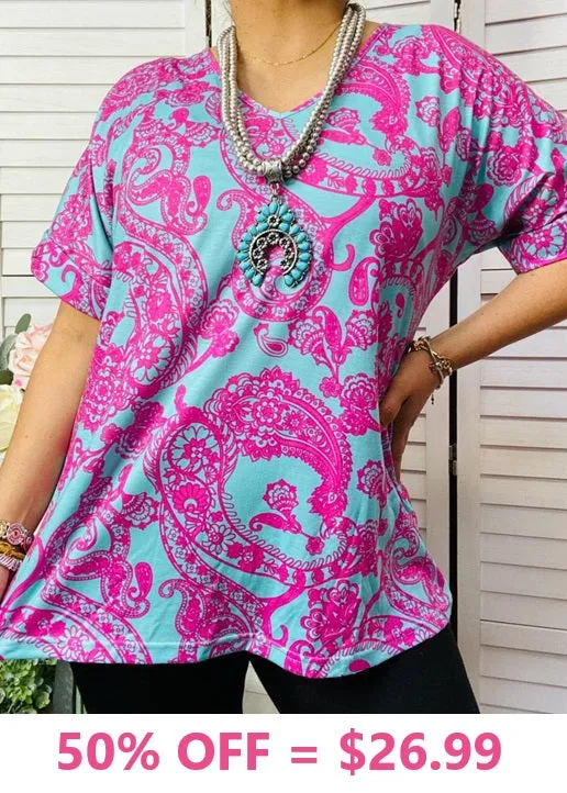 Turquoise and Pink Paisley top