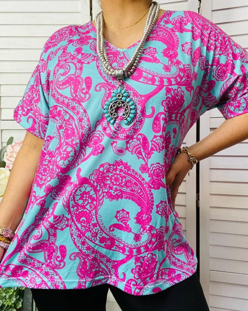 Turquoise and Pink Paisley top