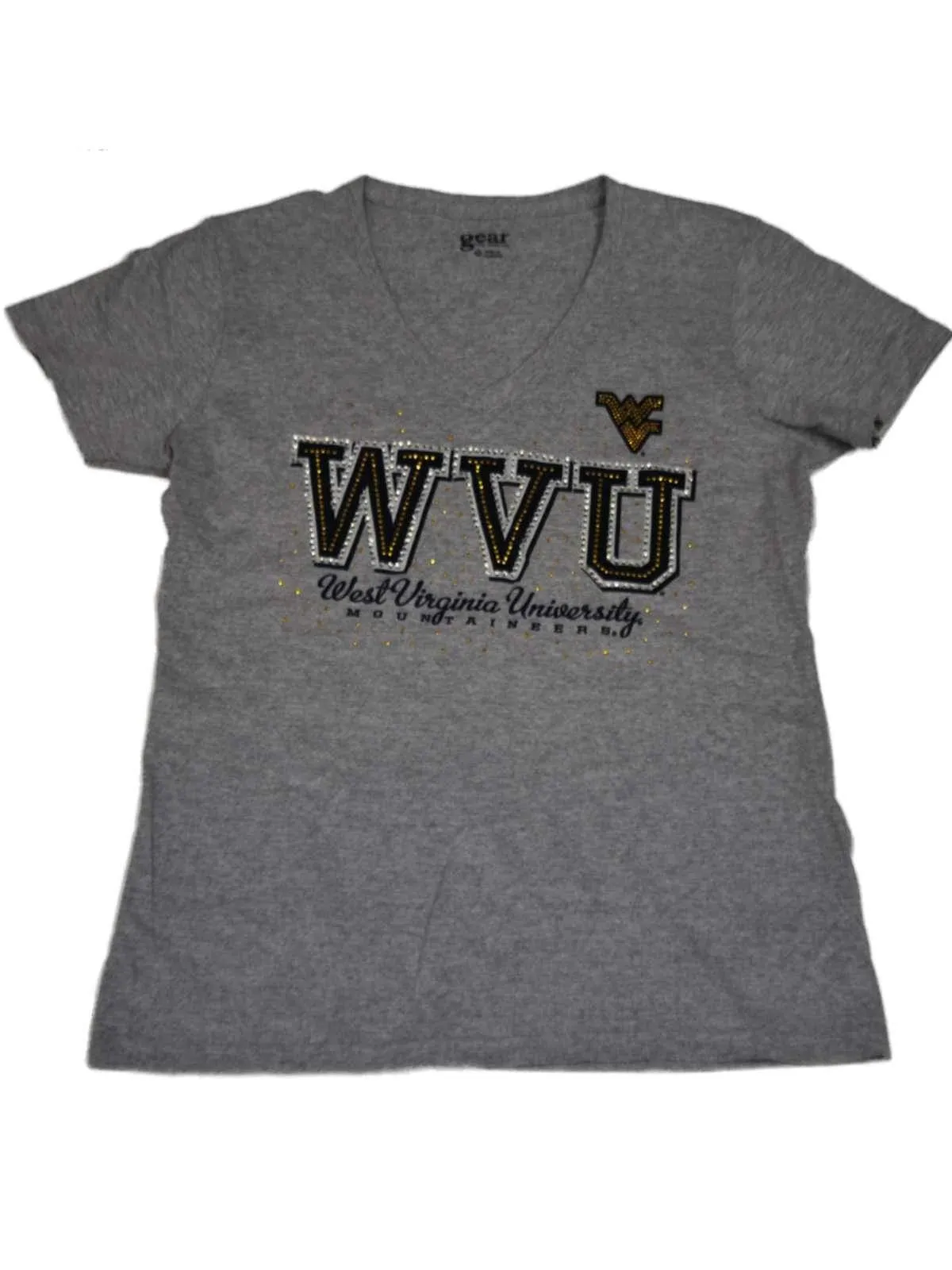 West Virginia Mountaineers Gear for Sports Women Gray V-Neck Bling T-Shirt (M)