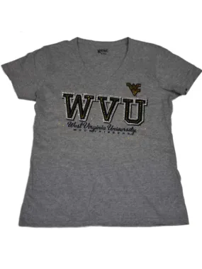 West Virginia Mountaineers Gear for Sports Women Gray V-Neck Bling T-Shirt (M)